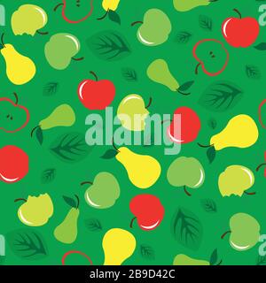 Apple and pear seamless pattern green background Stock Vector