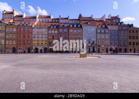 Empty deserted Warsaw's Old Town Market Place in the city Centre of Warsaw, Poland during coronavirus pandemic Stock Photo