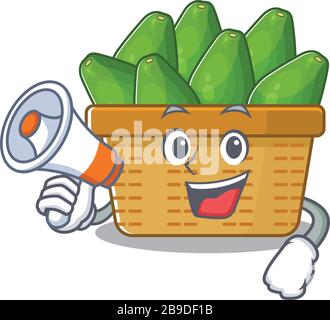 An icon of avocado fruit basket holding a megaphone Stock Vector