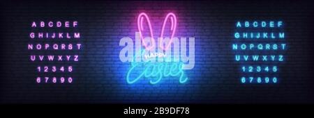 Easter neon template. Glowing label for Easter and alphabet Stock Vector