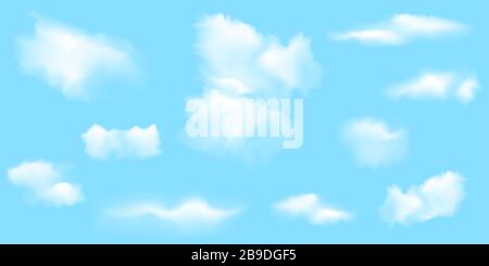 collection of vector illustrations of white realistic clouds on blue background Stock Vector