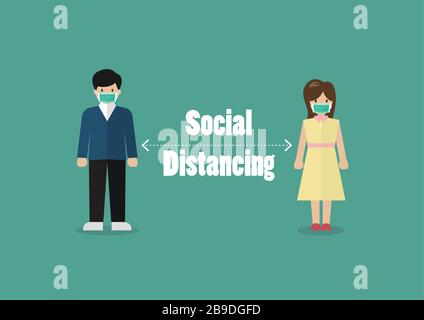 Social Distancing. People keeping distance for infection risk and disease. People wearing a protective medical mask for prevent virus Covid-19. Vector Stock Vector