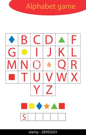 Shapes alphabet game for children, make a word, preschool worksheet activity for kids, educational spelling scramble game for the development of Stock Vector