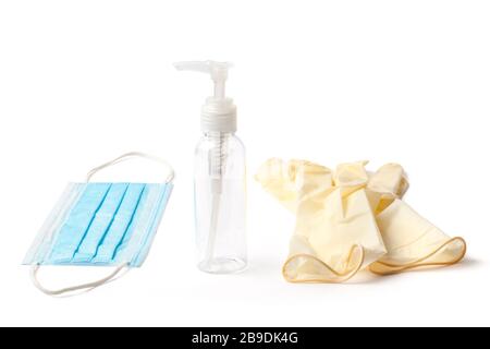 Personal medical protective equipment, mask, sterile gloves, and disinfectants for virus protection Stock Photo