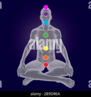 Gray silhouette of man sitting with seven chakra energy centers. Stock Photo