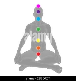 Gray silhouette of man sitting with seven chakra energy centers. Stock Photo