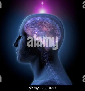 Profile of enlightened man with star-filled brain and glowing crown chakra. Stock Photo