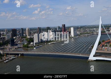 Overview of Rotterdam with in forefront the Erasmusbrug and Noordereiland, looking to city center over the Leuvehaven on an extremely clear day with T