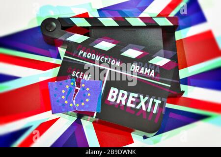 PHOTOMONTAGE, film flap with Brexit stroke and British and torn EU flag, FOTOMONTAGE, Filmklappe mit Brexit-Schriftzug und britischer und zerrissener Stock Photo