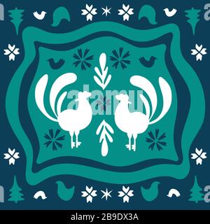 Farm roosters folk doodle art. Ethno style folklore cliparts. Holiday original flat square folk rustic tiles. Traditional shapes in blue and green Stock Vector