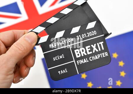 PHOTOMONTAGE, film flap with Brexit stroke and British and EU flag, FOTOMONTAGE, Filmklappe mit Brexit-Schriftzug und britischer und EU-Fahne Stock Photo