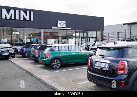Bordeaux , Aquitaine / France - 02 01 2020 : Mini logo sign car automobiles parked store at Mini Cooper dealership shop Stock Photo