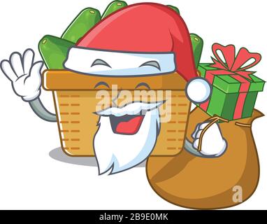 Santa avocado fruit basket Cartoon character design with box of gift Stock Vector