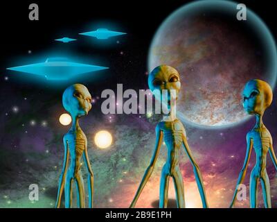 Three aliens and flying saucers in space. Stock Photo