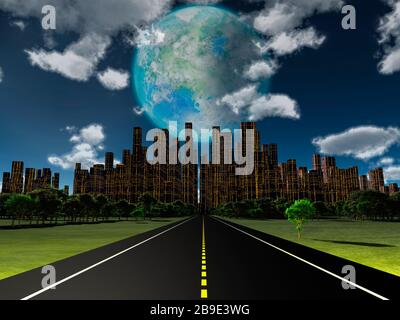 Night roadway to future city. Terraformed moon in the sky. Stock Photo