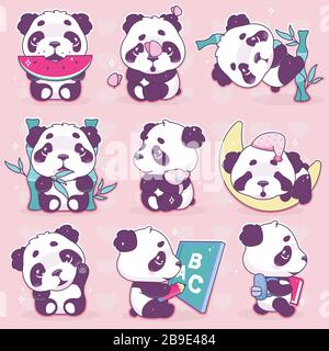 Cute panda kawaii cartoon vector characters set Stock Vector