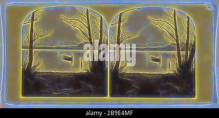 Rowboat on a lake, composed between trees, about 1870, Albumen silver print, Reimagined by Gibon, design of warm cheerful glowing of brightness and light rays radiance. Classic art reinvented with a modern twist. Photography inspired by futurism, embracing dynamic energy of modern technology, movement, speed and revolutionize culture. Stock Photo