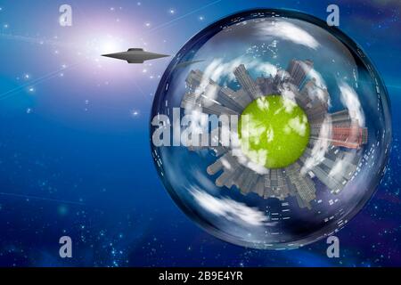 Flying saucer near large interstellar city ship. Stock Photo