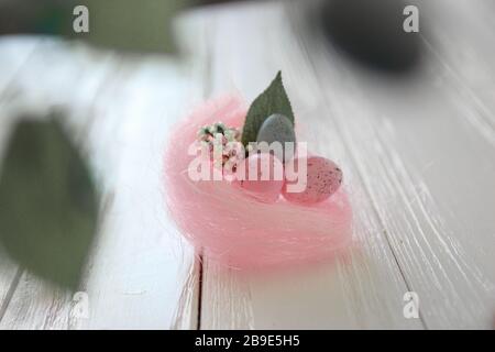 Congratulatory easter background. Easter eggs and flowers. Stock Photo