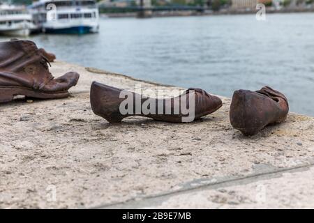 Shoes symbolizing the massacre of people shot at the river Danube in Budapest, Hungary. Travel. Stock Photo