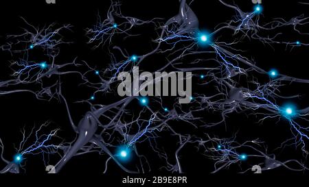 Brain cells with electrical firing of neurons. Stock Photo