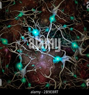 Neurons brain cells with electrical firing. Stock Photo