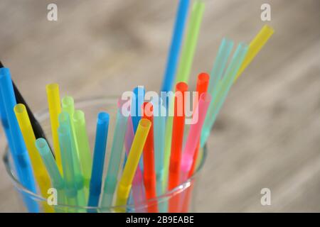 close-up of drinking straw with copy space, disposable plastic straws soon banned in europe Stock Photo