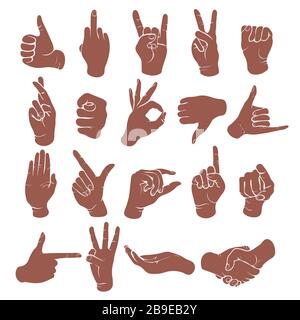 Hand gestures, finger marks, sign language icon set, stencil, logo, silhouette. Monochrome drawing of wrist, hands showing various classic symbol isol Stock Vector