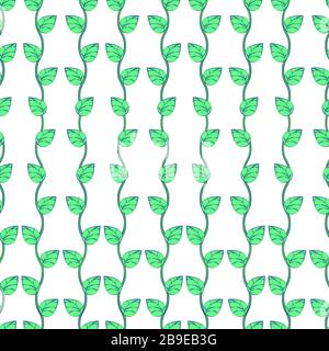 Green leaves on wavy stems on white background seamless pattern, cartoon drawing, plant surface, natural texture, floral curls. For the design of fabr Stock Vector
