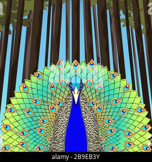Peacock with flowing tail on the background of trees and forests, colorful cartoon drawing, stylized picture. Beautiful blue green bird with big open Stock Vector
