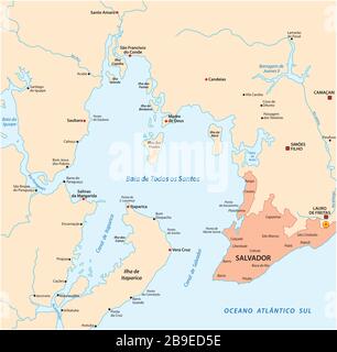 Map of the Bay of All Saints in the Brazilian state of Bahia Stock Vector