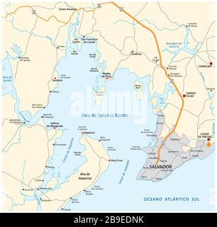 Road map of the Bay of All Saints in the Brazilian state of Bahia Stock Vector