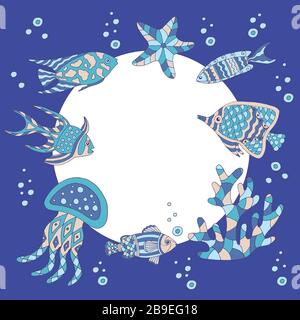 Frame with a set of abstract sea fish, starfish, coral, seahorse, jellyfish, seaweed on blue background Stock Vector