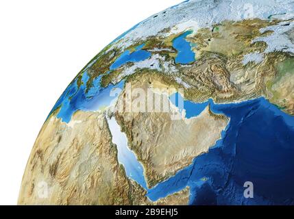 Detailed Earth globe close-up of the Middle East area. Stock Photo