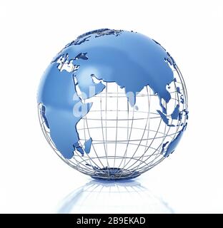 3D stylized Earth globe with metal grid, Asia view. Stock Photo