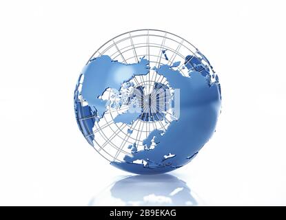 3D stylized Earth globe with metal grid, North Pole view. Stock Photo