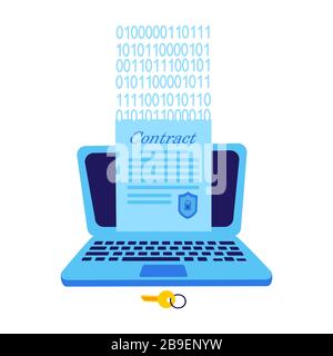 Blockchain contract in the laptop Stock Vector