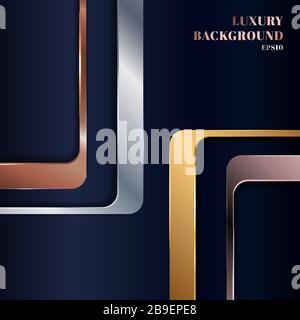 Abstract elegant golden, silver, copper and pink gold metallic shiny square round on dark blue background luxury style. You can use for vip invitation Stock Vector