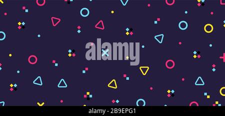 Abstract colorful geometric hipster pattern elements on purple background retro 80's. Vector illustration Stock Vector
