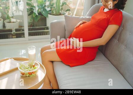 Proud pregnant woman looking her belly sitting on a sofa in the living room at home with a warm light coming in through the window Stock Photo