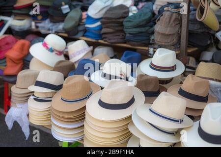Group of Panama Hat Cream-Colored on a Display Stand. Stock Photo