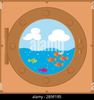Frame ship's porthole in steampunk style on a white background. Vector illustration, background, place for text or photo. Stock Vector