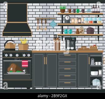 Modern cozy kitchen with gas stove, hood and kitchen furniture on a brick wall background. Vector illustration. Stock Vector