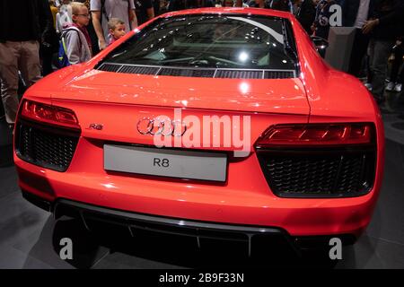 Paris, Ile de France / France - October 07 2018 : Audi R8 at the Paris motor show Mondial Stock Photo