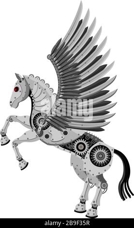 Fantastic horse Pegasus in the style of a mechanical robot. Vector illustration of a winged horse on a white isolated background. Stock Vector