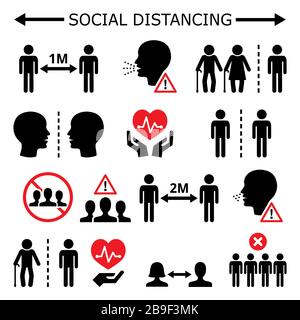 Social distancing during pandemic or epidemic vector icons set, keeping a distance between people, self-quarantine and self-isolation in society conce Stock Vector