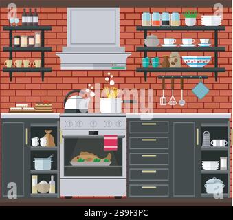 Cozy kitchen with gas stove, hood and kitchen furniture on the background of a red brick wall. Vector illustration. Stock Vector