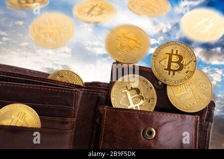 Golden bitcoins falling from the sky and ending in a leather wallet. The cloudy weather is as volatile as cryptocurrency Stock Photo