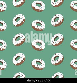 cartoon stylized delicious mouth-watering little glazed chocolate donuts with sweet decor, seamless vector color pattern on a pale green background. Stock Vector