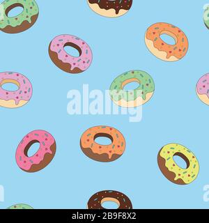 cartoon stylized delicious mouth-watering little glazed chocolate donuts with sweet decor, seamless vector color pattern on a pale blue background. Stock Vector
